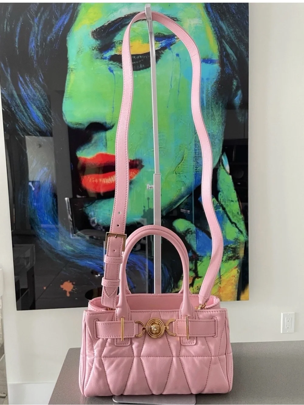 Versace Pink Quilted Leather Satchel with Gold Medusa Hardware